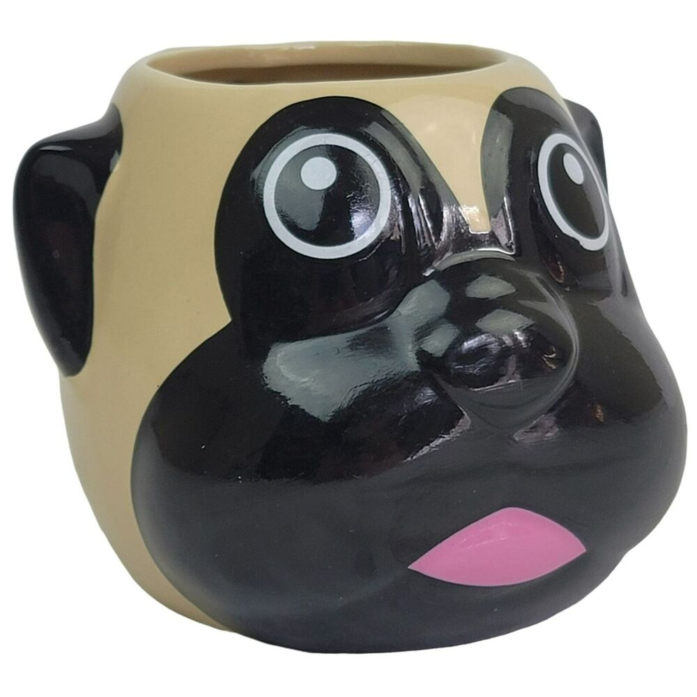 Pug Dog Mug 14 oz 3D Molded‎ Ceramic Beige Black Pet Coffee Cup Gift Thumbs Up